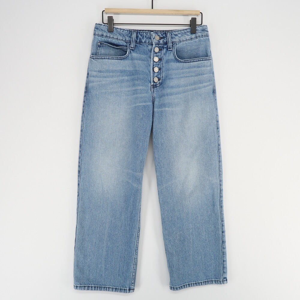 ALC Wide Leg Crop Jeans Womens 4 Blue Button Fly Buckle Back Made in USA